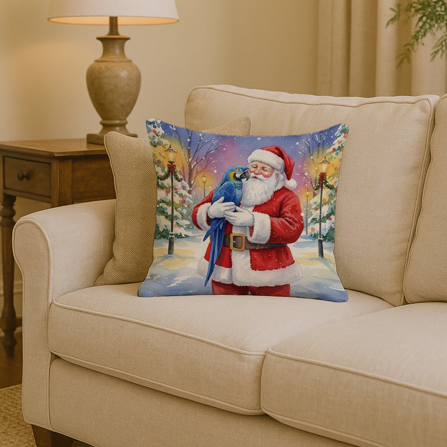 Hyacinth Macaw with Santa Claus Decorative Throw Pillow 14x14 Indoor Outdoor Accent Cushion, Fabric Cover with Insert for Sofa, Bed, Porch & Living Room