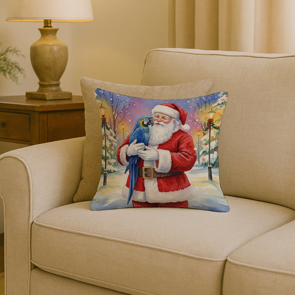 Hyacinth Macaw with Santa Claus Decorative Throw Pillow 18x18 Indoor Outdoor Accent Cushion, Fabric Cover with Insert for Sofa, Bed, Porch & Living Room