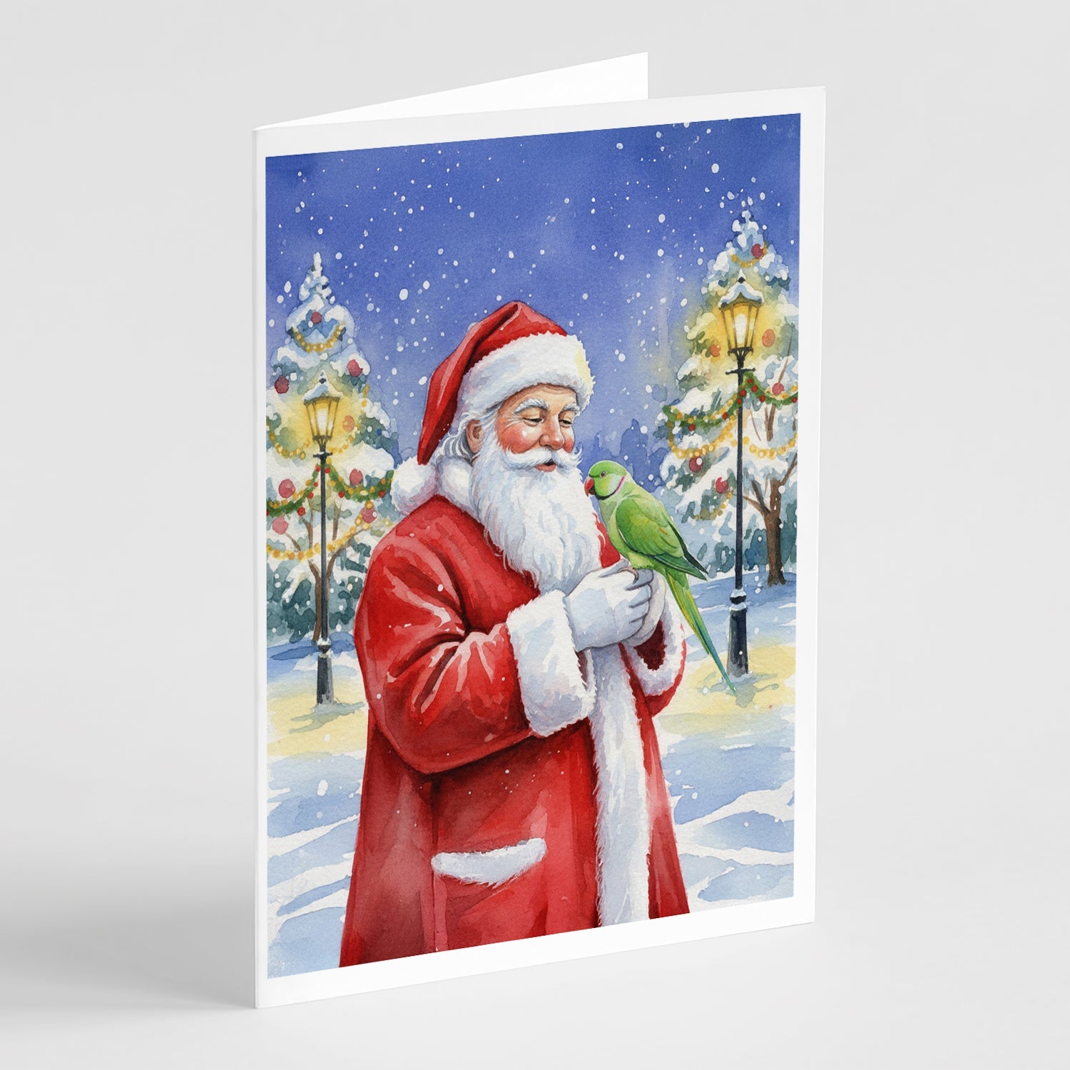 Indian Parakeet with Santa Claus Greeting Cards Pack of 8 Blank Cards with Envelopes Whimsical A7 Size 5x7