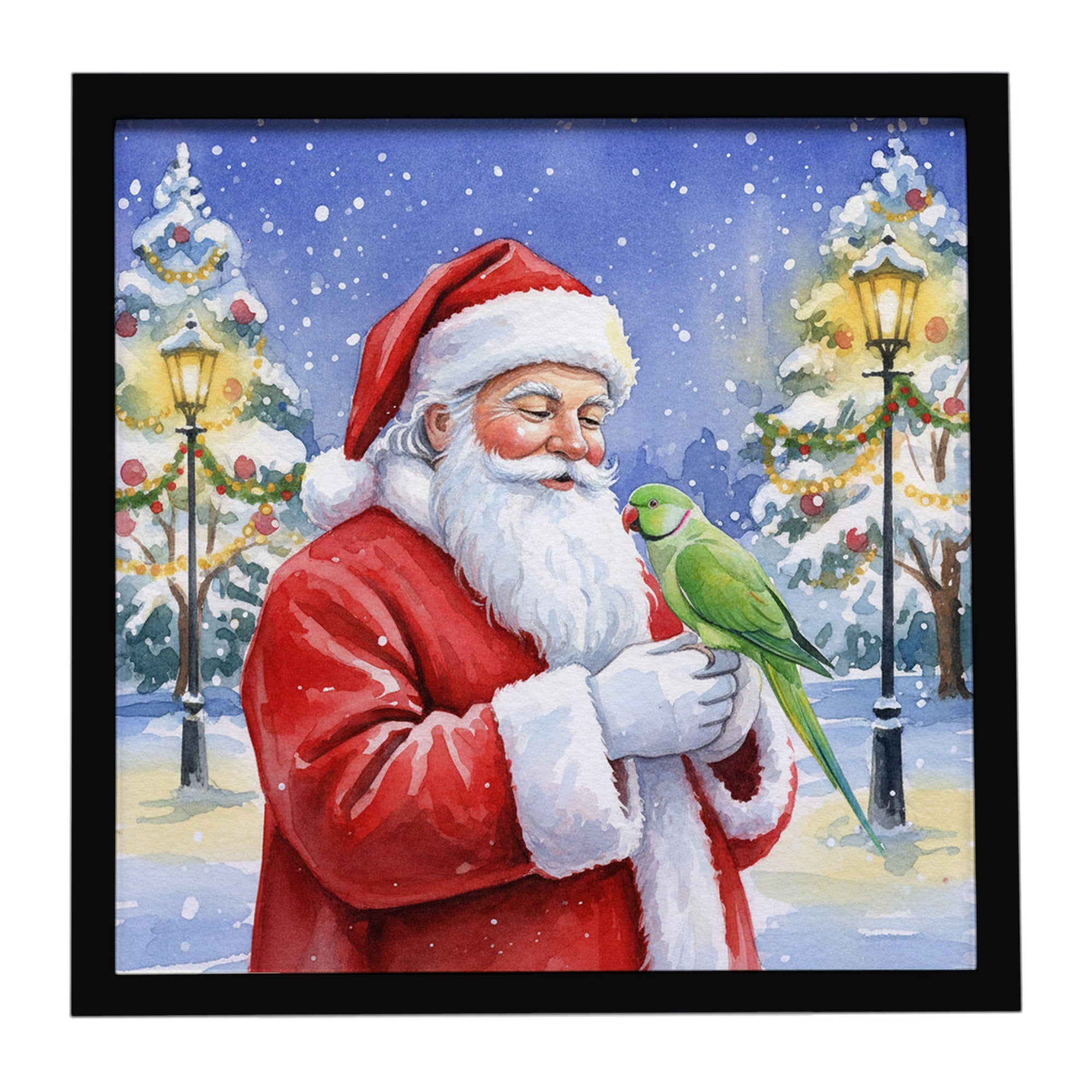 Indian Parakeet with Santa Claus Framed Metal Print Bathroom, Kitchen, Office, Home Decor Wall Art Ready to Hang, Square, 8X8