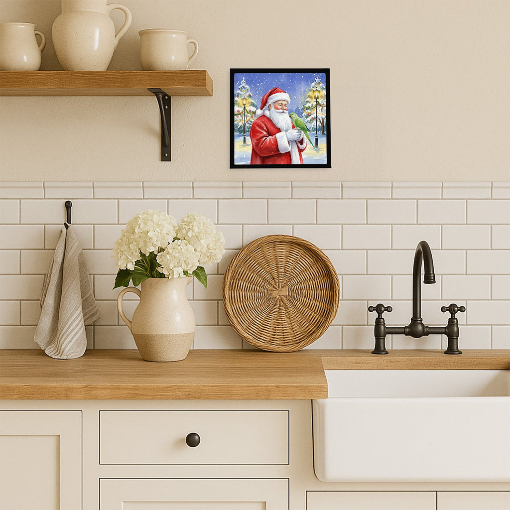 Indian Parakeet with Santa Claus Framed Metal Print Bathroom, Kitchen, Office, Home Decor Wall Art Ready to Hang, Square, 8X8