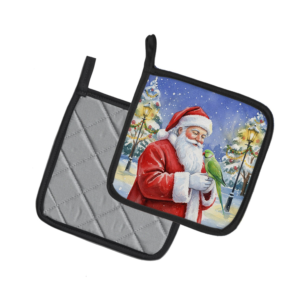 Indian Parakeet with Santa Claus Pot Holder Set of 2 Heat Resistant Quilted Hot Pads 7.5 x 7.5 Inch, Insulated Kitchen Trivets for Cooking & Baking