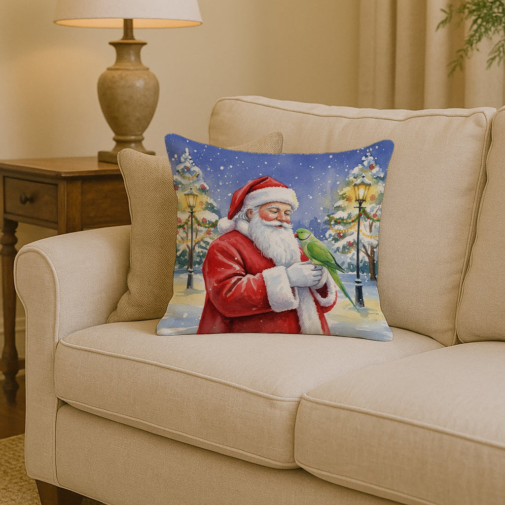 Indian Parakeet with Santa Claus Decorative Throw Pillow 14x14 Indoor Outdoor Accent Cushion, Fabric Cover with Insert for Sofa, Bed, Porch & Living Room