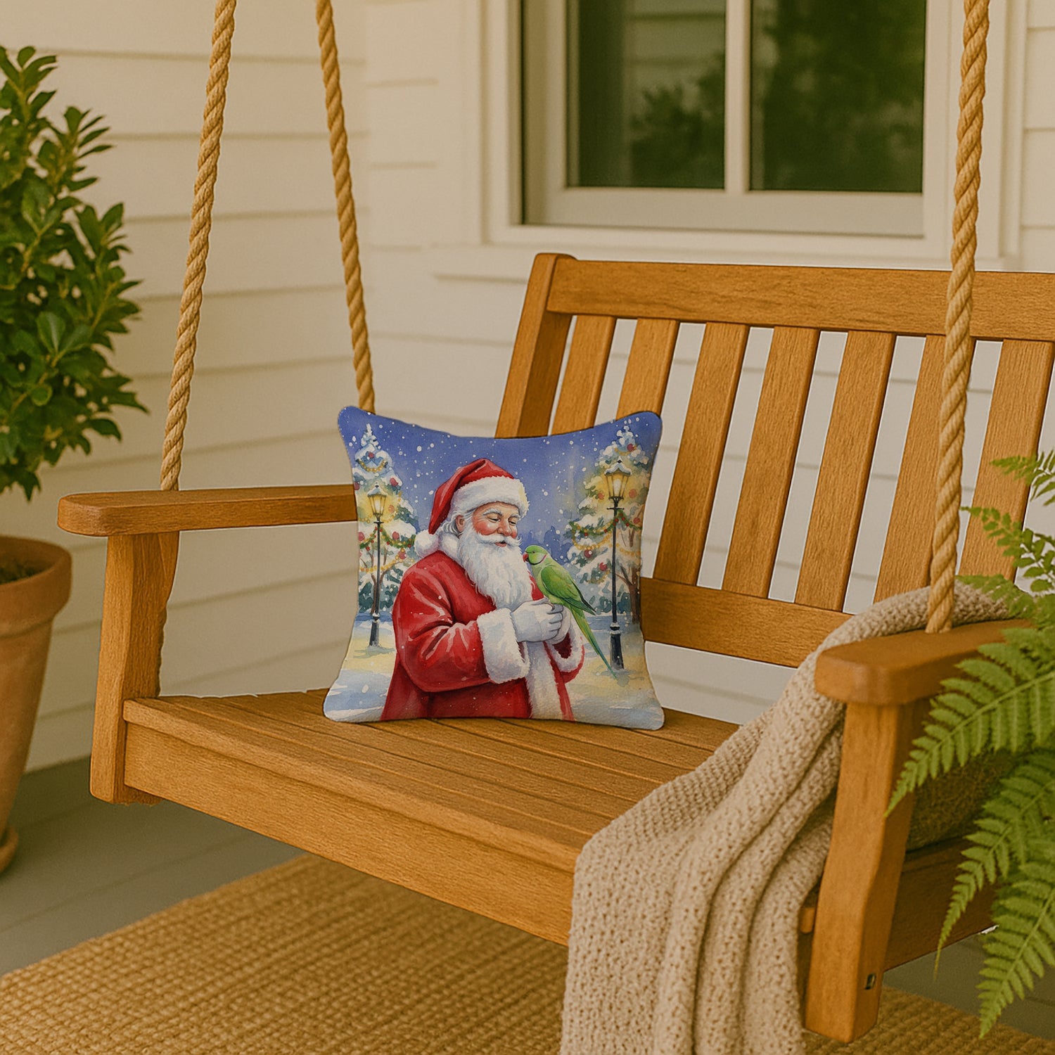 Indian Parakeet with Santa Claus Decorative Throw Pillow 14x14 Indoor Outdoor Accent Cushion, Fabric Cover with Insert for Sofa, Bed, Porch & Living Room