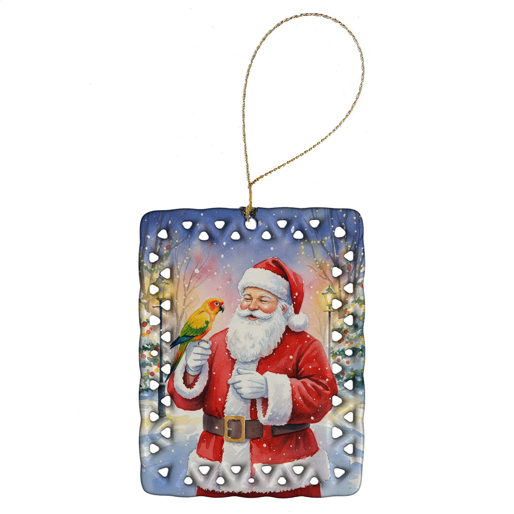 Jenday Conure with Santa Claus Porcelain Ornament Christmas Tree Hanging Decorations for Home Christmas Holiday, Rectangle, Gift, Multicolor