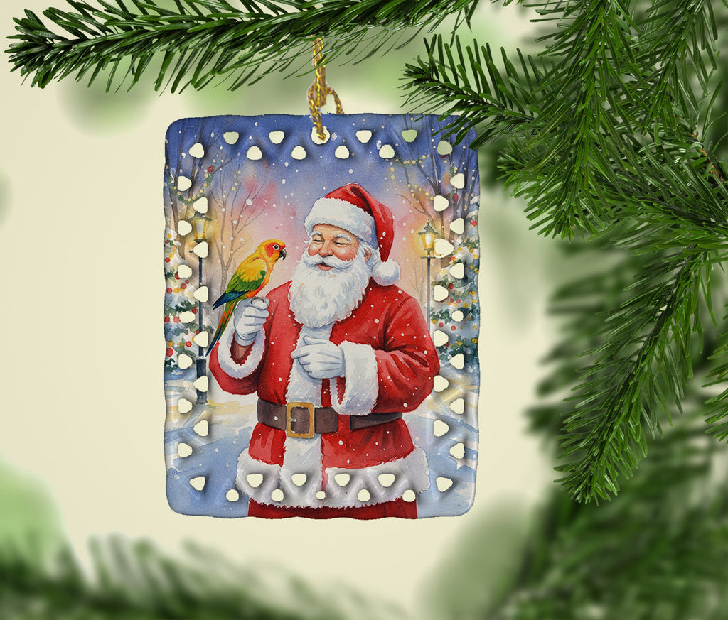 Jenday Conure with Santa Claus Porcelain Ornament Christmas Tree Hanging Decorations for Home Christmas Holiday, Rectangle, Gift, Multicolor
