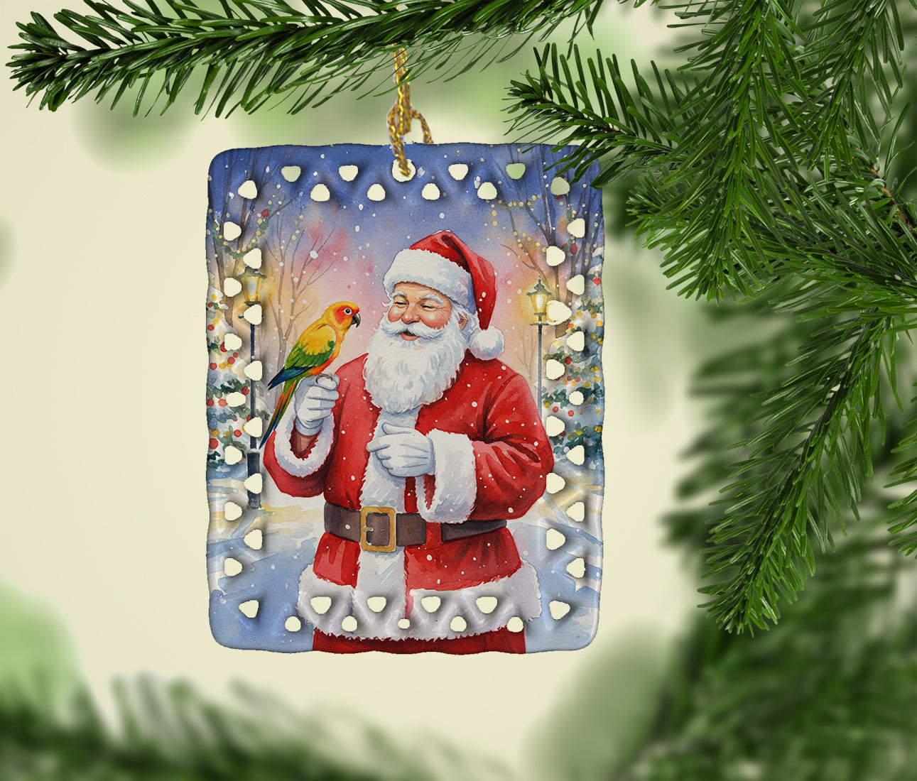 Jenday Conure with Santa Claus Porcelain Ornament Christmas Tree Hanging Decorations for Home Christmas Holiday, Rectangle, Gift, Multicolor