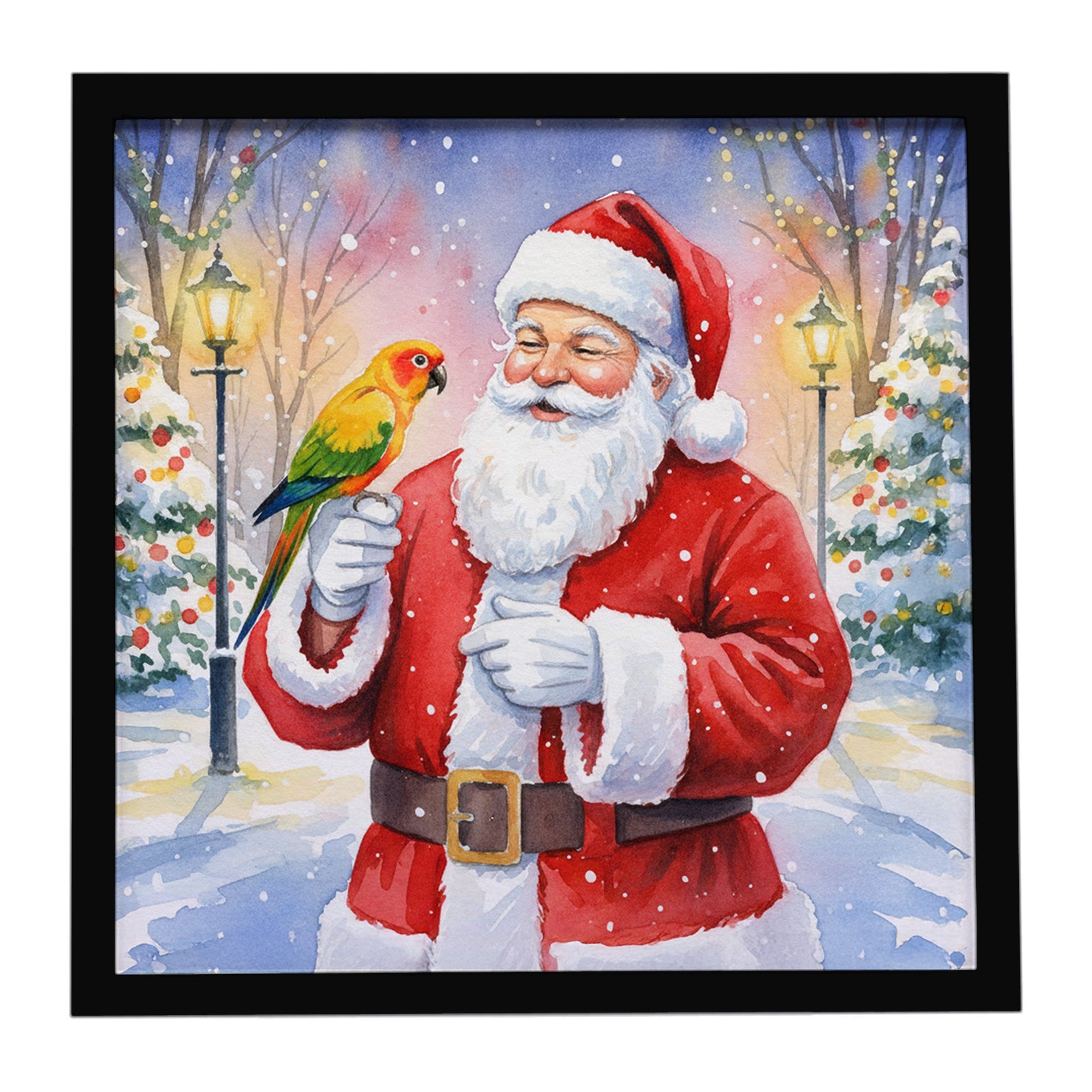 Jenday Conure with Santa Claus Framed Metal Print Bathroom, Kitchen, Office, Home Decor Wall Art Ready to Hang, Square, 8X8