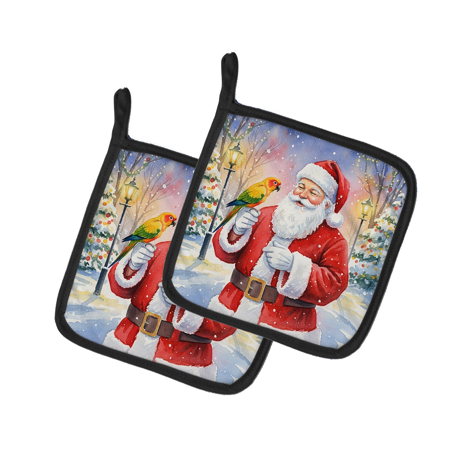 Jenday Conure with Santa Claus Pot Holder Set of 2 Heat Resistant Quilted Hot Pads 7.5 x 7.5 Inch, Insulated Kitchen Trivets for Cooking & Baking