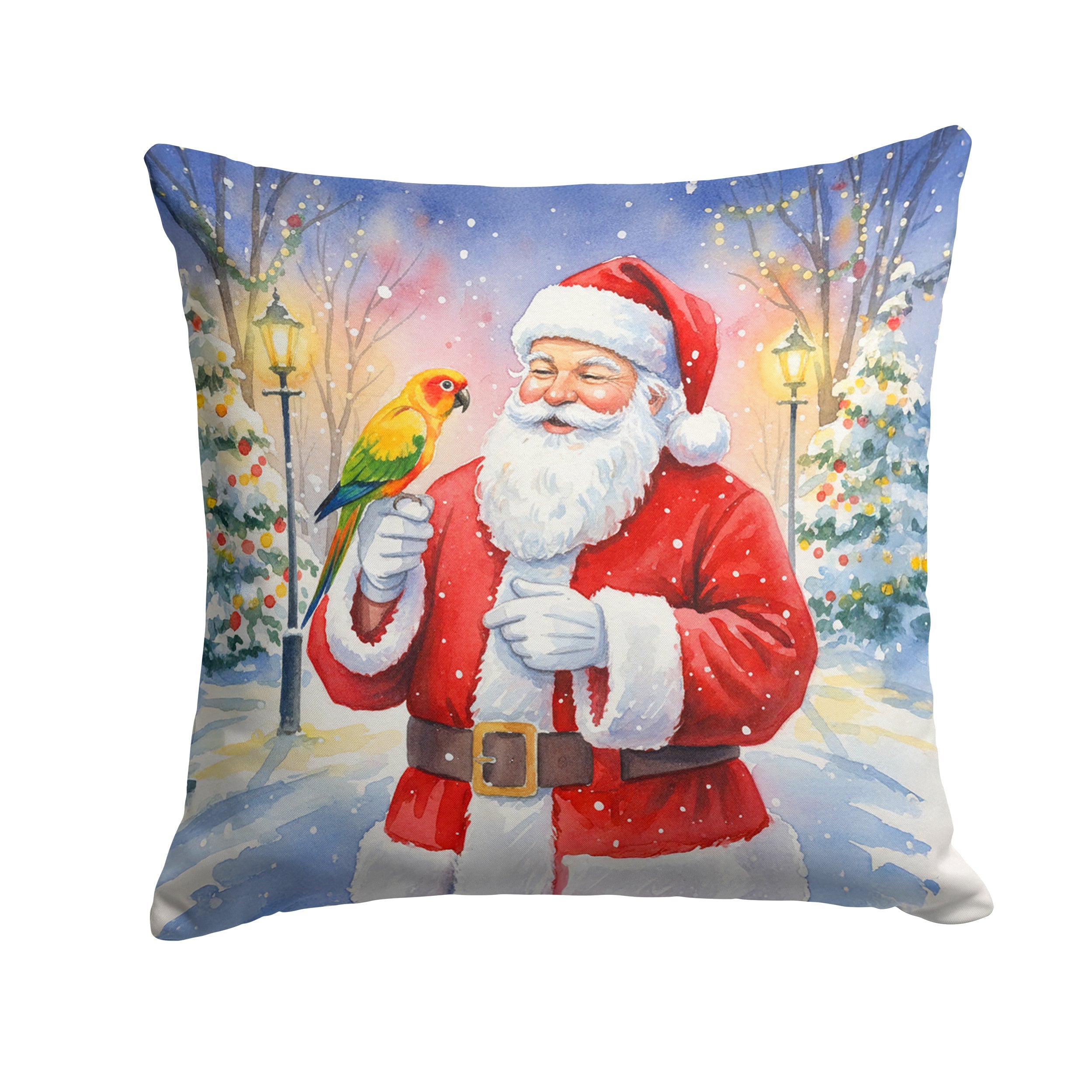 Jenday Conure with Santa Claus Decorative Throw Pillow 14x14 Indoor Outdoor Accent Cushion, Fabric Cover with Insert for Sofa, Bed, Porch & Living Room
