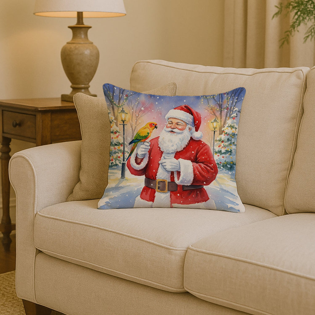 Jenday Conure with Santa Claus Decorative Throw Pillow 14x14 Indoor Outdoor Accent Cushion, Fabric Cover with Insert for Sofa, Bed, Porch & Living Room