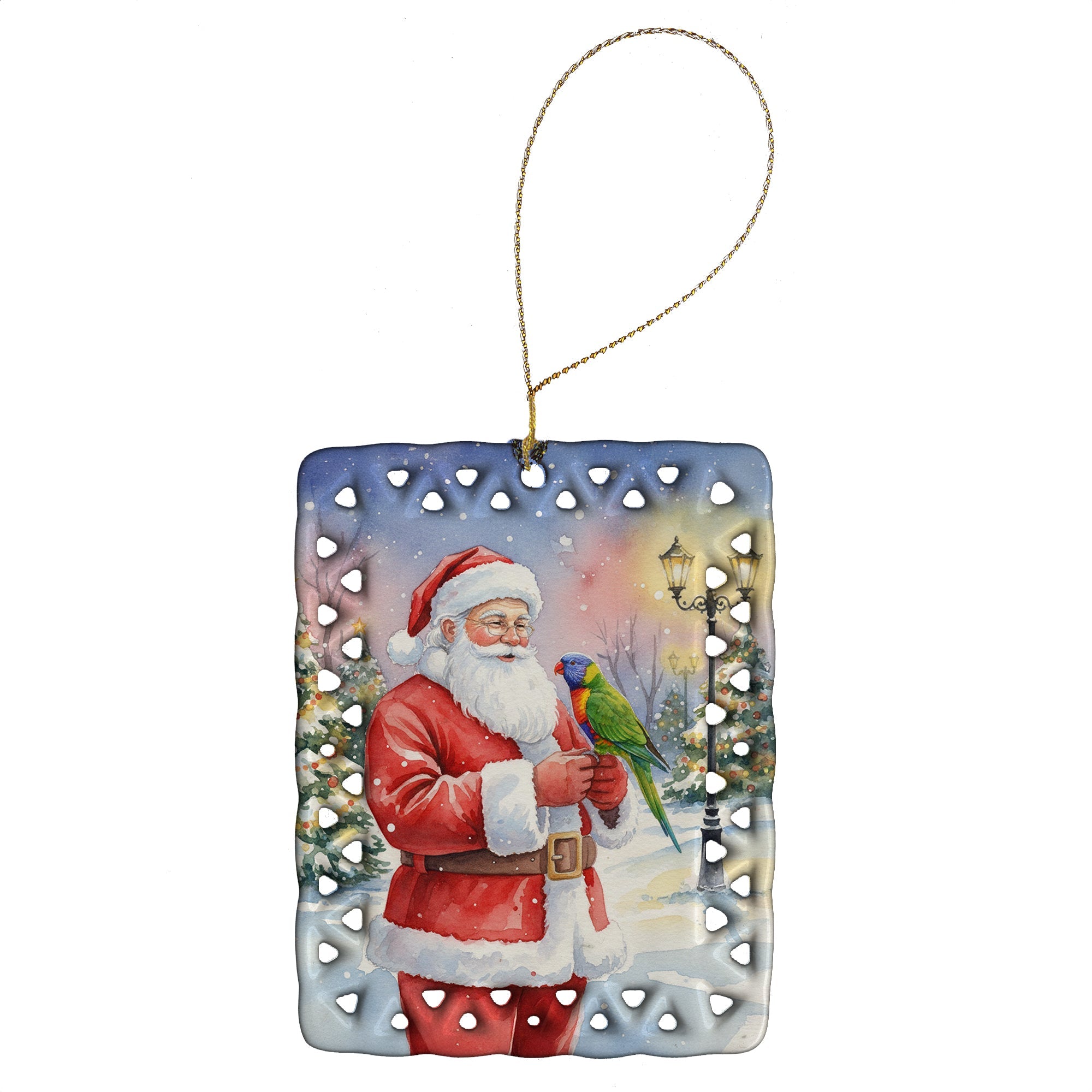 Lorikeet with Santa Claus Porcelain Ornament Christmas Tree Hanging Decorations for Home Christmas Holiday, Rectangle, Gift, Multicolor