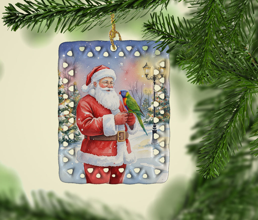 Lorikeet with Santa Claus Porcelain Ornament Christmas Tree Hanging Decorations for Home Christmas Holiday, Rectangle, Gift, Multicolor