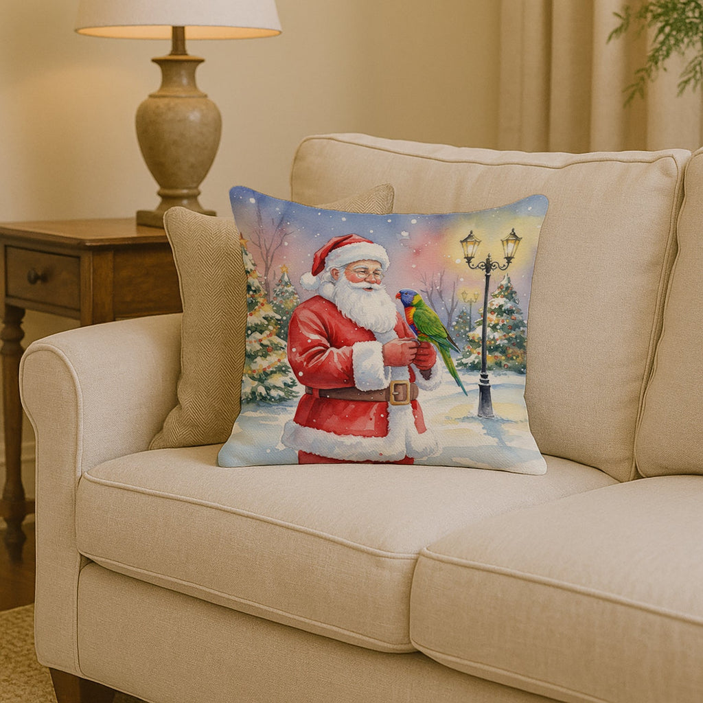 Lorikeet with Santa Claus Decorative Throw Pillow 14x14 Indoor Outdoor Accent Cushion, Fabric Cover with Insert for Sofa, Bed, Porch & Living Room