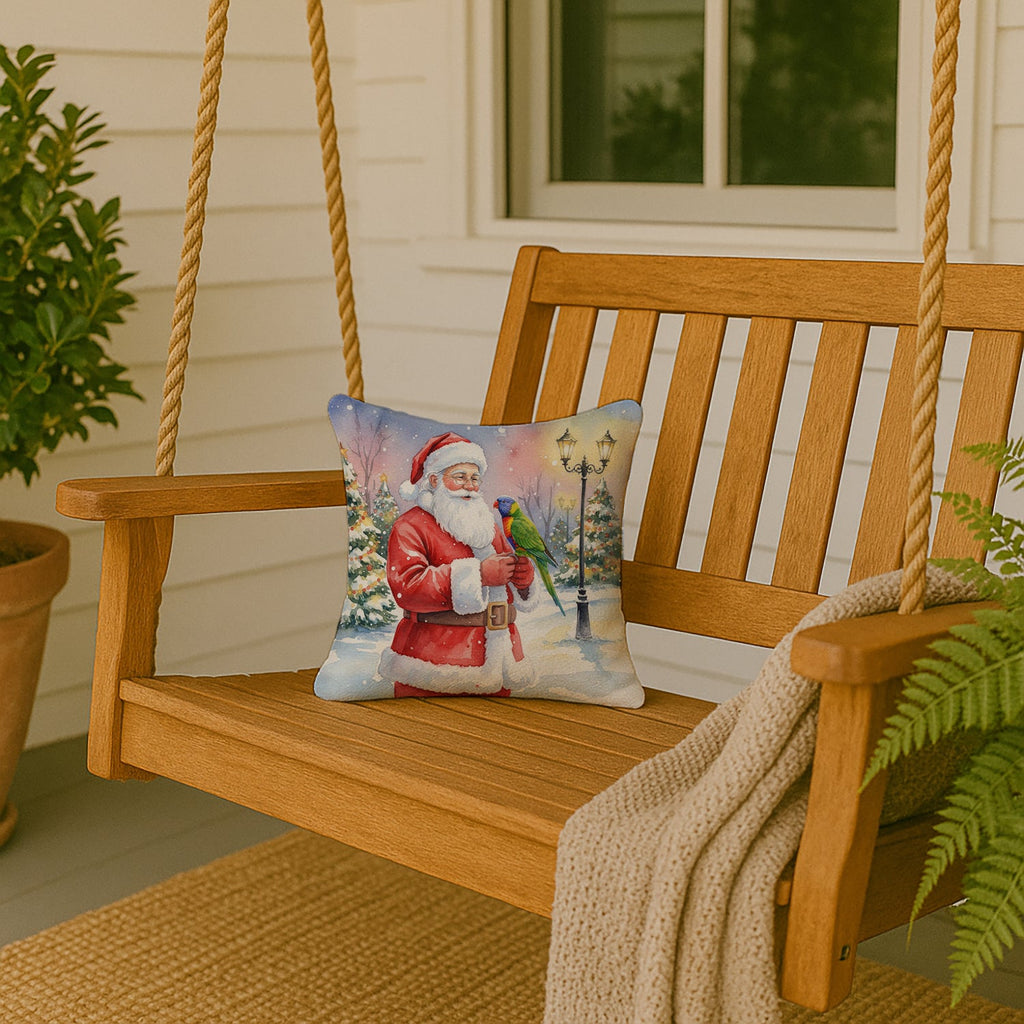 Lorikeet with Santa Claus Decorative Throw Pillow 14x14 Indoor Outdoor Accent Cushion, Fabric Cover with Insert for Sofa, Bed, Porch & Living Room