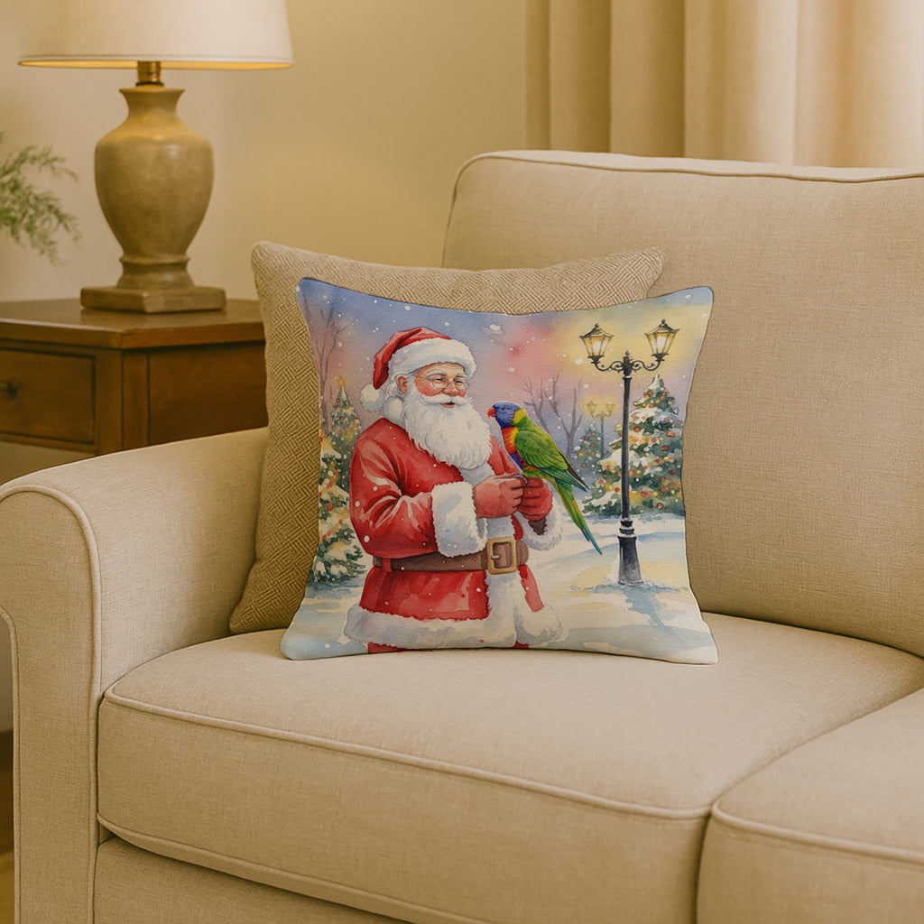 Lorikeet with Santa Claus Decorative Throw Pillow 18x18 Indoor Outdoor Accent Cushion, Fabric Cover with Insert for Sofa, Bed, Porch & Living Room