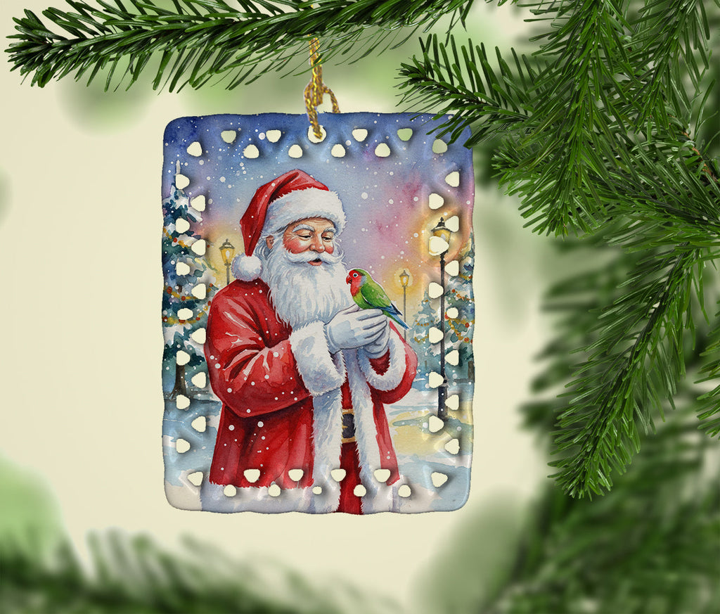 Lovebird with Santa Claus Porcelain Ornament Christmas Tree Hanging Decorations for Home Christmas Holiday, Rectangle, Gift, Multicolor