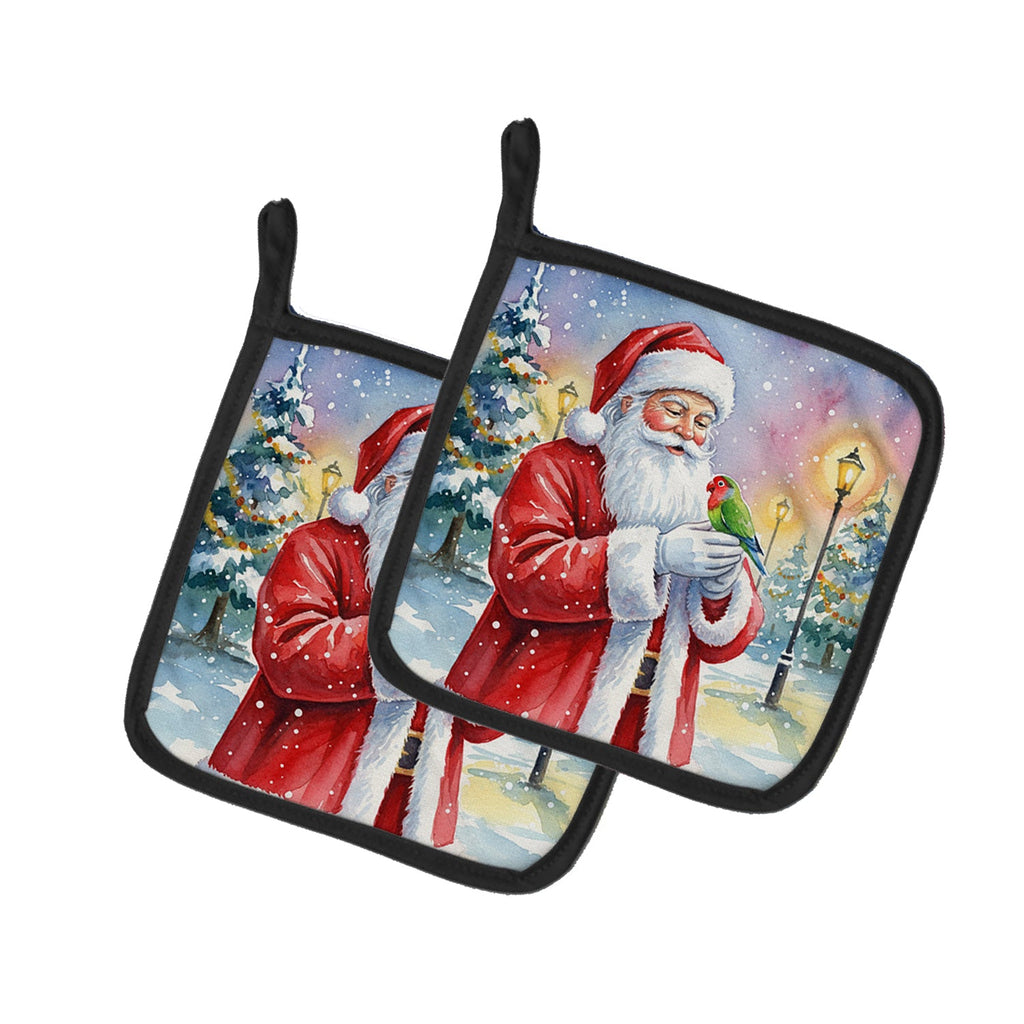 Lovebird with Santa Claus Pot Holder Set of 2 Heat Resistant Quilted Hot Pads 7.5 x 7.5 Inch, Insulated Kitchen Trivets for Cooking & Baking