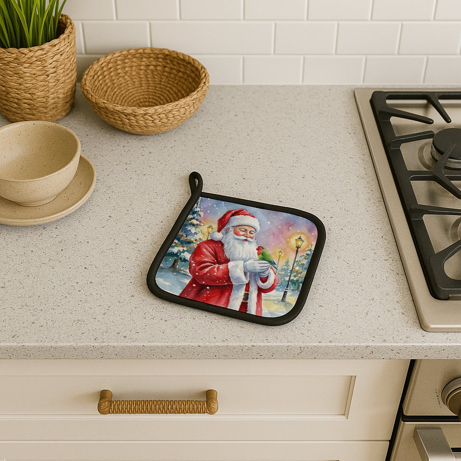 Lovebird with Santa Claus Pot Holder Set of 2 Heat Resistant Quilted Hot Pads 7.5 x 7.5 Inch, Insulated Kitchen Trivets for Cooking & Baking