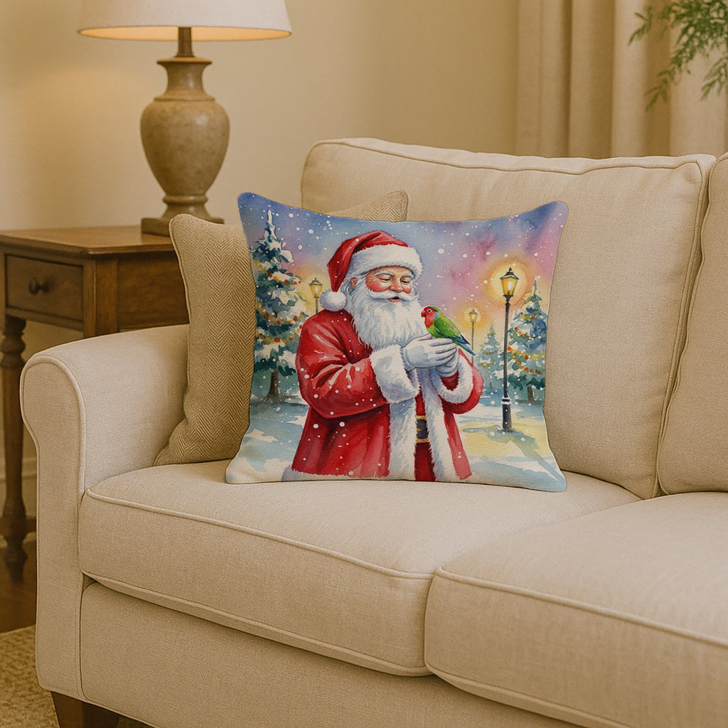 Lovebird with Santa Claus Decorative Throw Pillow 14x14 Indoor Outdoor Accent Cushion, Fabric Cover with Insert for Sofa, Bed, Porch & Living Room