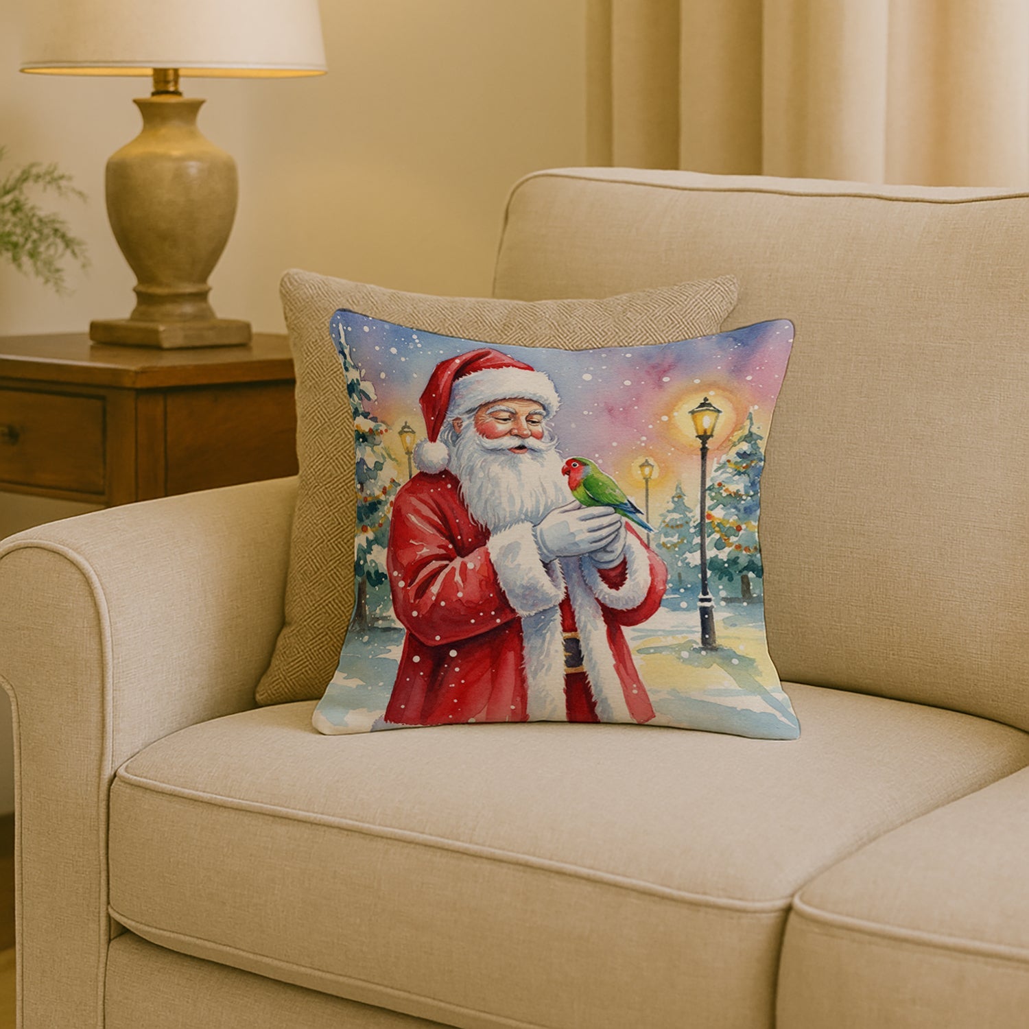 Lovebird with Santa Claus Decorative Throw Pillow 18x18 Indoor Outdoor Accent Cushion, Fabric Cover with Insert for Sofa, Bed, Porch & Living Room