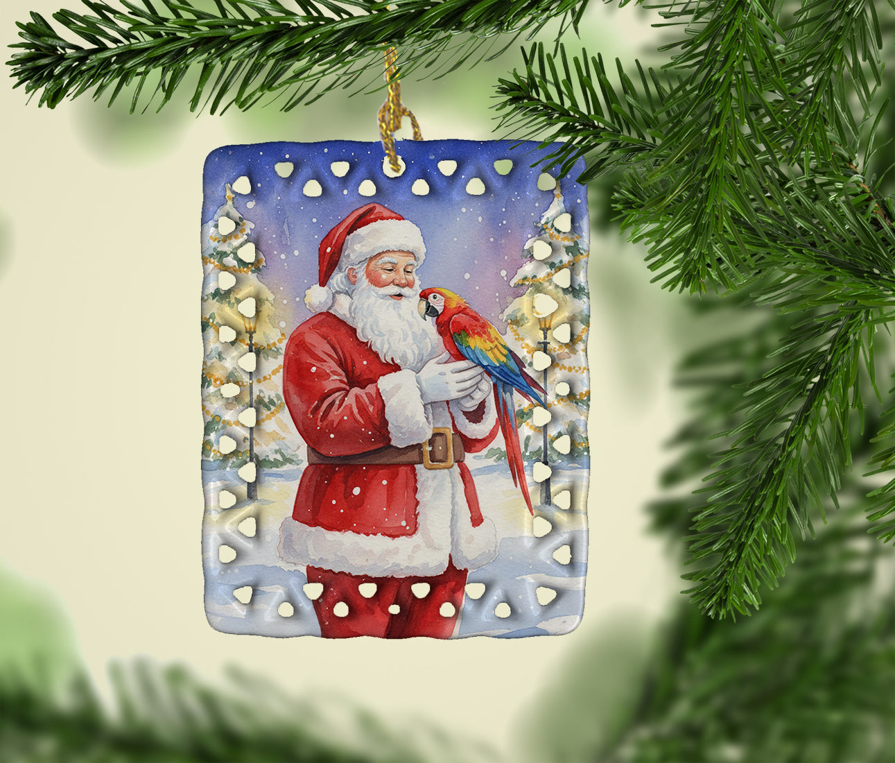 Macaw with Santa Claus Porcelain Ornament Christmas Tree Hanging Decorations for Home Christmas Holiday, Rectangle, Gift, Multicolor