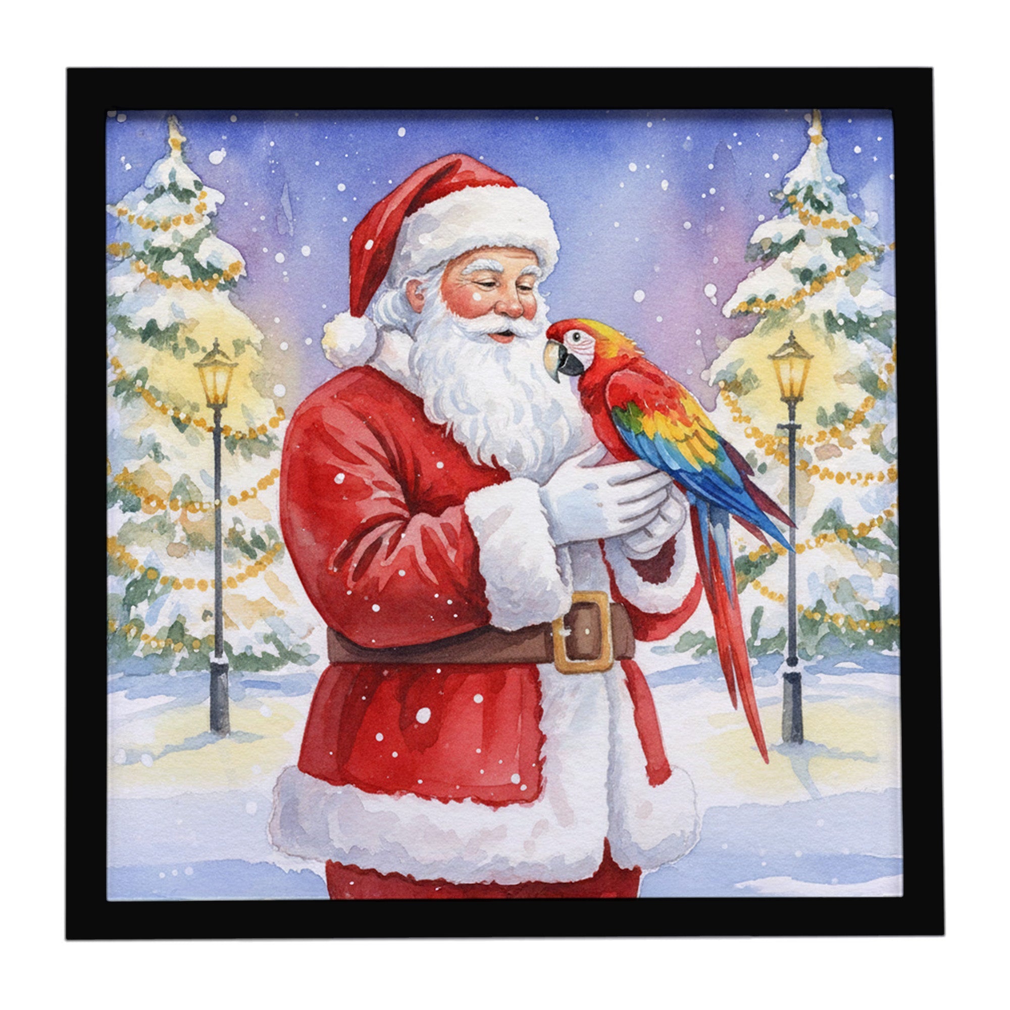 Macaw with Santa Claus Framed Metal Print Bathroom, Kitchen, Office, Home Decor Wall Art Ready to Hang, Square, 8X8