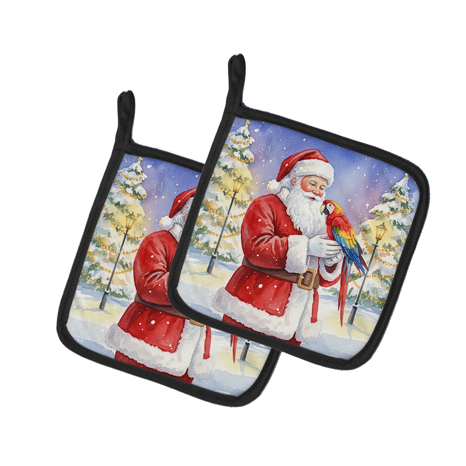 Macaw with Santa Claus Pot Holder Set of 2 Heat Resistant Quilted Hot Pads 7.5 x 7.5 Inch, Insulated Kitchen Trivets for Cooking & Baking