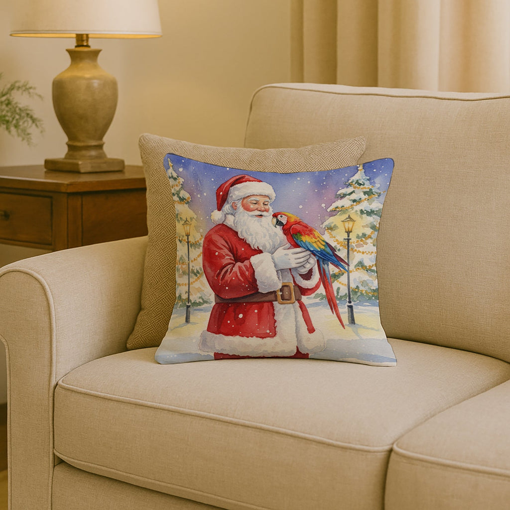 Macaw with Santa Claus Decorative Throw Pillow 18x18 Indoor Outdoor Accent Cushion, Fabric Cover with Insert for Sofa, Bed, Porch & Living Room