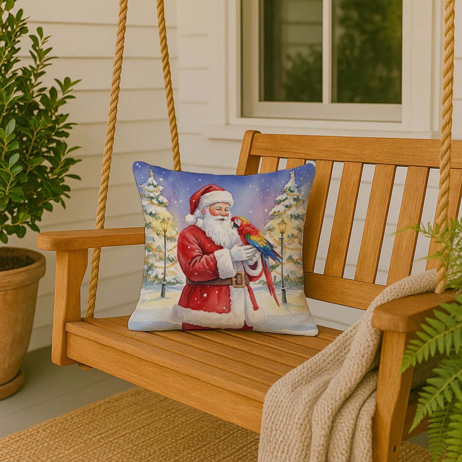 Macaw with Santa Claus Decorative Throw Pillow 18x18 Indoor Outdoor Accent Cushion, Fabric Cover with Insert for Sofa, Bed, Porch & Living Room