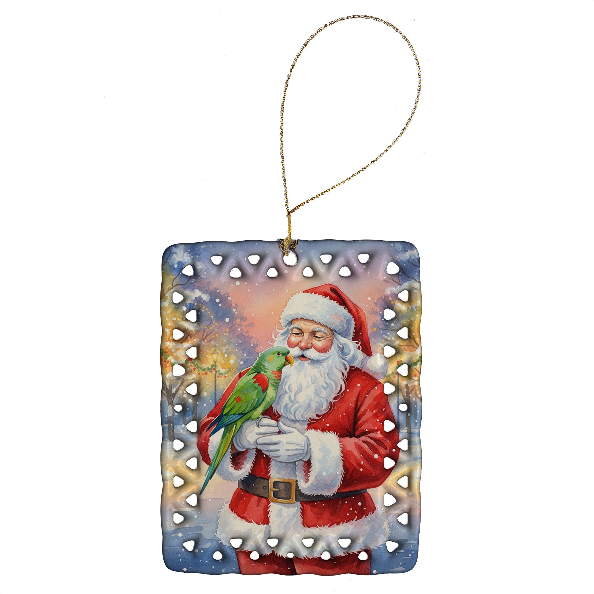 Male Eclectus with Santa Claus Porcelain Ornament Christmas Tree Hanging Decorations for Home Christmas Holiday, Rectangle, Gift, Multicolor