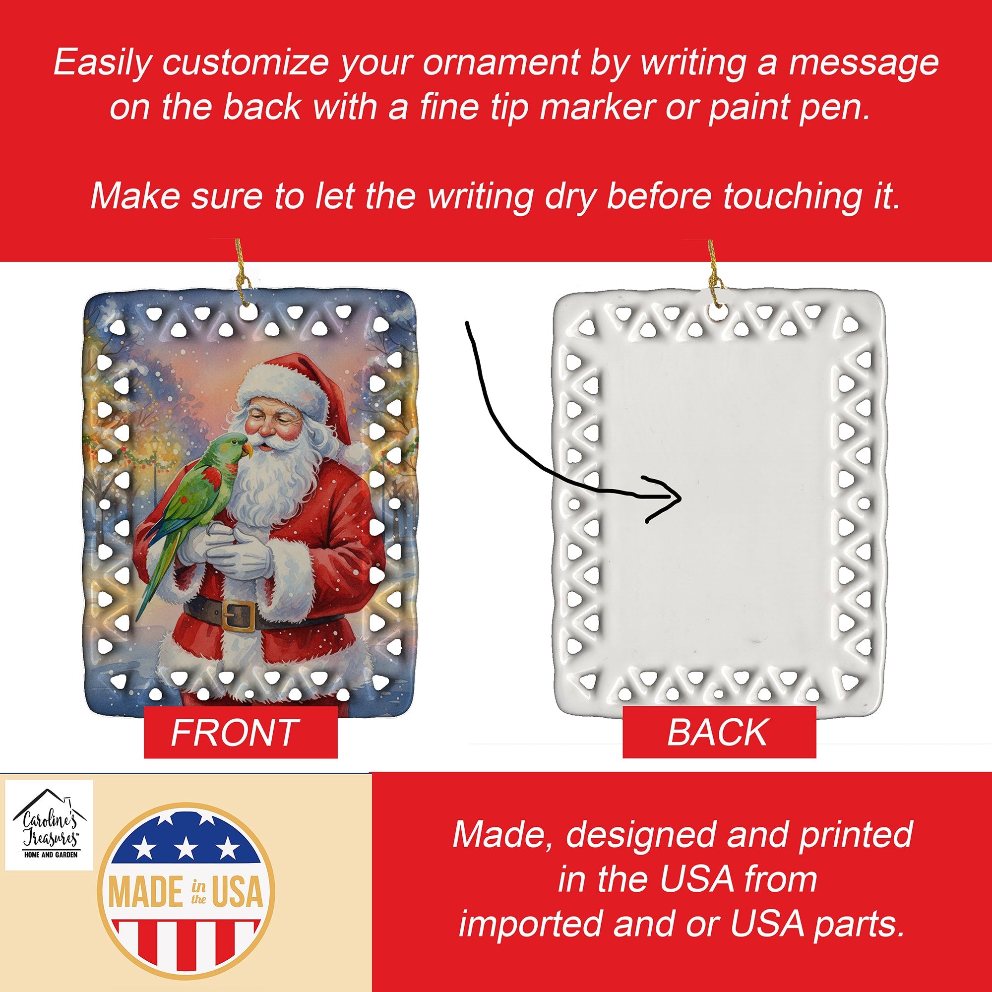 Male Eclectus with Santa Claus Porcelain Ornament Christmas Tree Hanging Decorations for Home Christmas Holiday, Rectangle, Gift, Multicolor