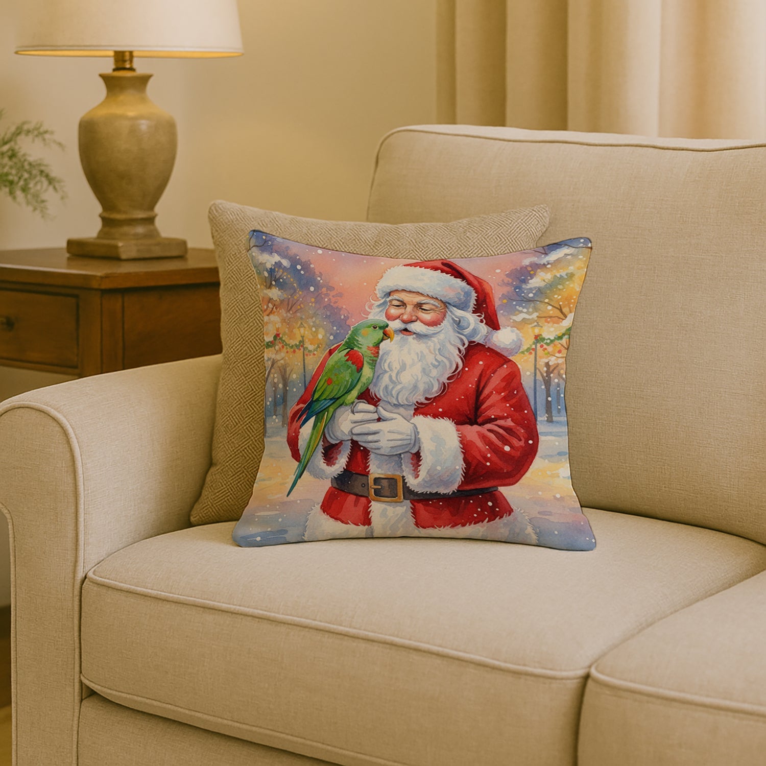 Male Eclectus with Santa Claus Decorative Throw Pillow 18x18 Indoor Outdoor Accent Cushion, Fabric Cover with Insert for Sofa, Bed, Porch & Living Room
