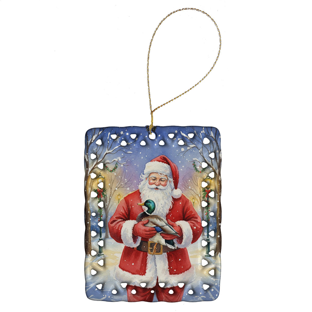 Mallard with Santa Claus Porcelain Ornament Christmas Tree Hanging Decorations for Home Christmas Holiday, Rectangle, Gift, Multicolor