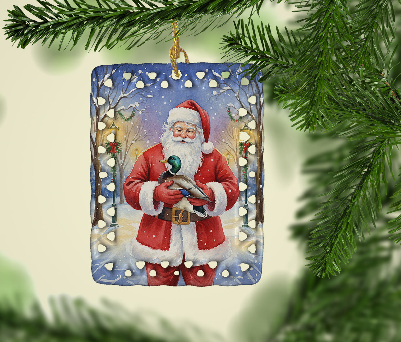 Mallard with Santa Claus Porcelain Ornament Christmas Tree Hanging Decorations for Home Christmas Holiday, Rectangle, Gift, Multicolor