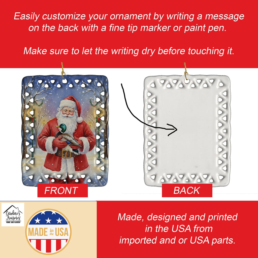 Mallard with Santa Claus Porcelain Ornament Christmas Tree Hanging Decorations for Home Christmas Holiday, Rectangle, Gift, Multicolor