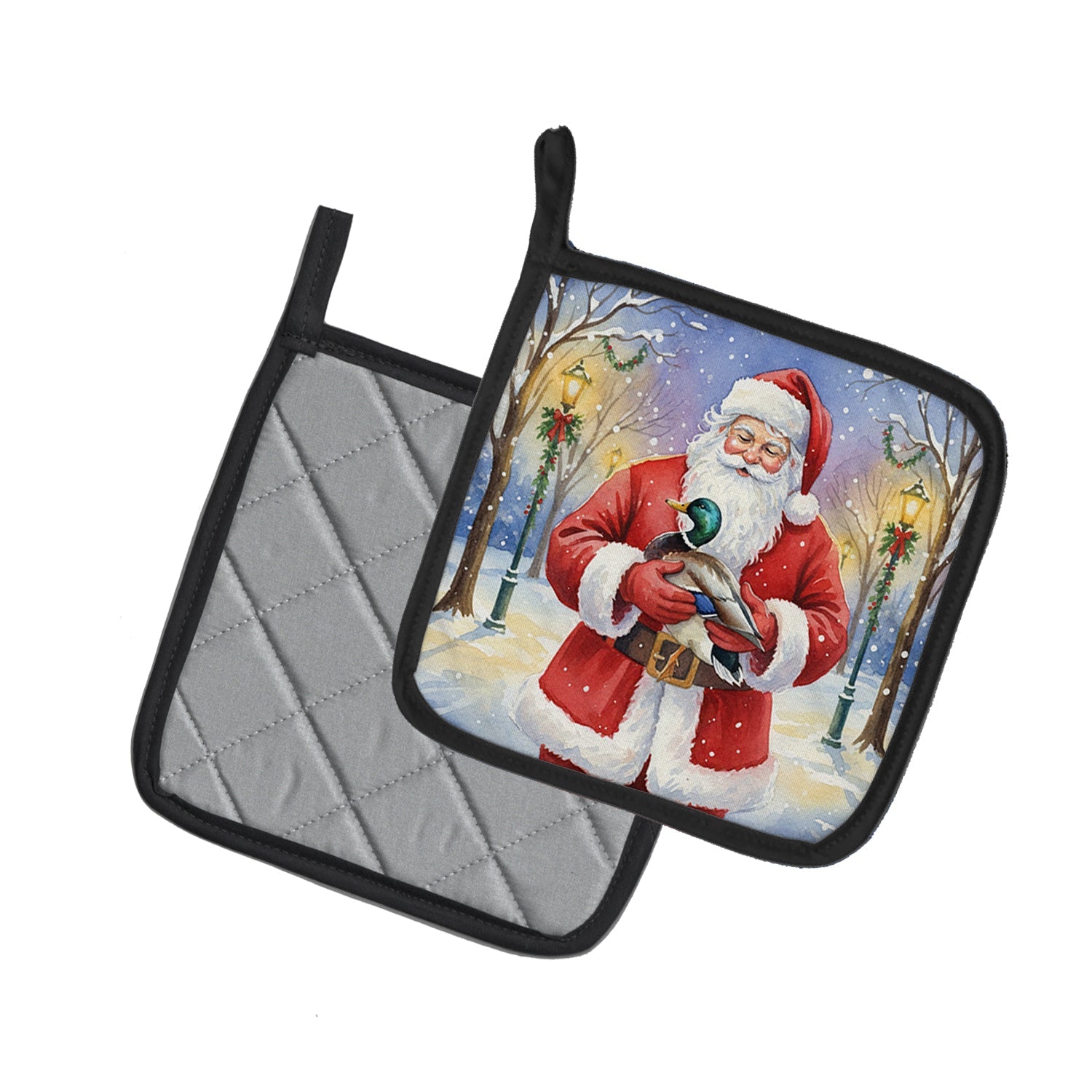 Mallard with Santa Claus Pot Holder Set of 2 Heat Resistant Quilted Hot Pads 7.5 x 7.5 Inch, Insulated Kitchen Trivets for Cooking & Baking