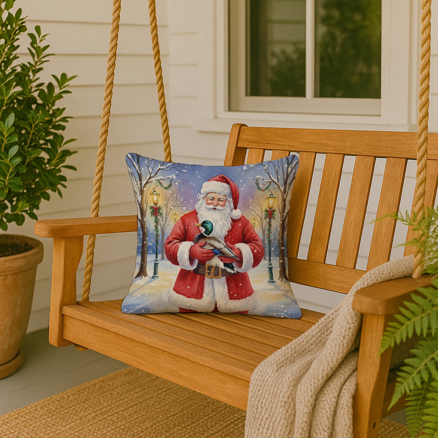 Mallard with Santa Claus Decorative Throw Pillow 18x18 Indoor Outdoor Accent Cushion, Fabric Cover with Insert for Sofa, Bed, Porch & Living Room