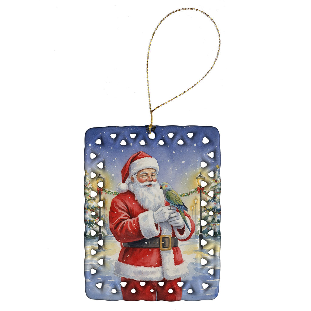 Meyer’s Parrot with Santa Claus Porcelain Ornament Christmas Tree Hanging Decorations for Home Christmas Holiday, Rectangle, Gift, Multicolor