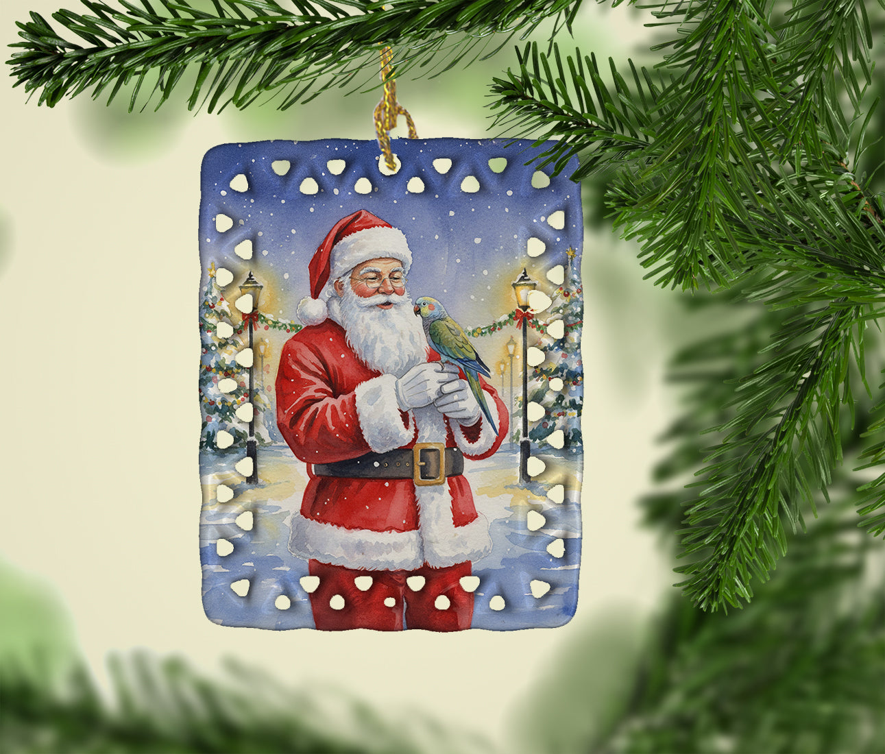 Meyer’s Parrot with Santa Claus Porcelain Ornament Christmas Tree Hanging Decorations for Home Christmas Holiday, Rectangle, Gift, Multicolor