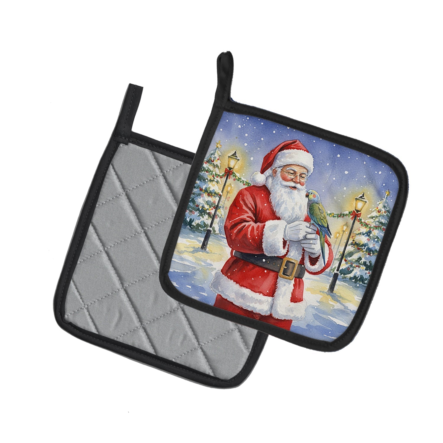 Meyer’s Parrot with Santa Claus Pot Holder Set of 2 Heat Resistant Quilted Hot Pads 7.5 x 7.5 Inch, Insulated Kitchen Trivets for Cooking & Baking