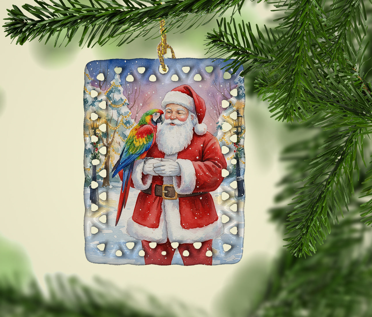 Parrot with Santa Claus Porcelain Ornament Christmas Tree Hanging Decorations for Home Christmas Holiday, Rectangle, Gift, Multicolor