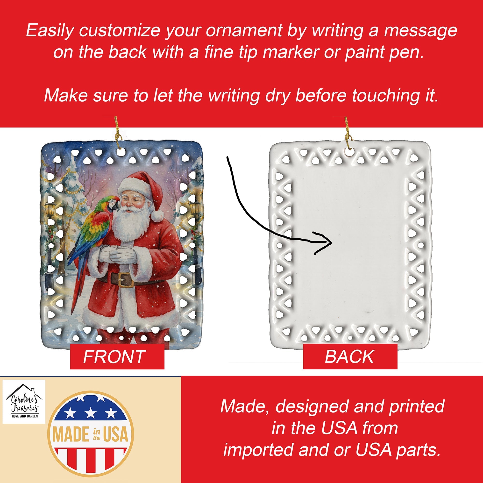 Parrot with Santa Claus Porcelain Ornament Christmas Tree Hanging Decorations for Home Christmas Holiday, Rectangle, Gift, Multicolor