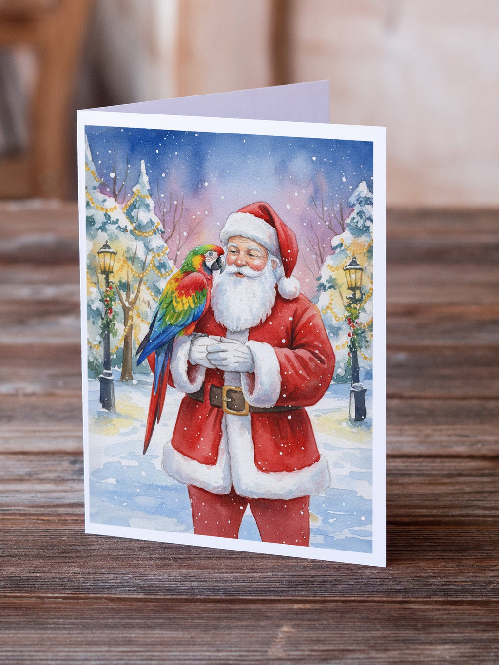 Parrot with Santa Claus Greeting Cards Pack of 8 Blank Cards with Envelopes Whimsical A7 Size 5x7