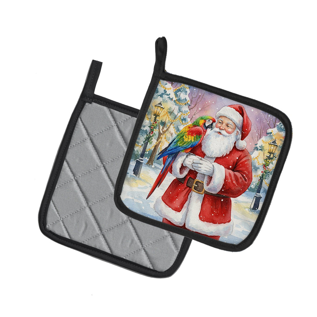 Parrot with Santa Claus Pot Holder Set of 2 Heat Resistant Quilted Hot Pads 7.5 x 7.5 Inch, Insulated Kitchen Trivets for Cooking & Baking