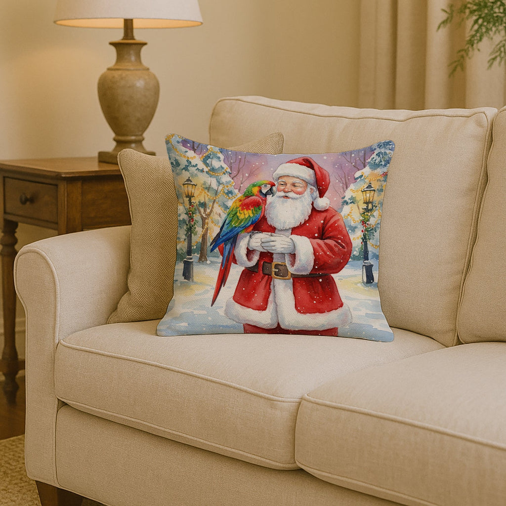 Parrot with Santa Claus Decorative Throw Pillow 14x14 Indoor Outdoor Accent Cushion, Fabric Cover with Insert for Sofa, Bed, Porch & Living Room