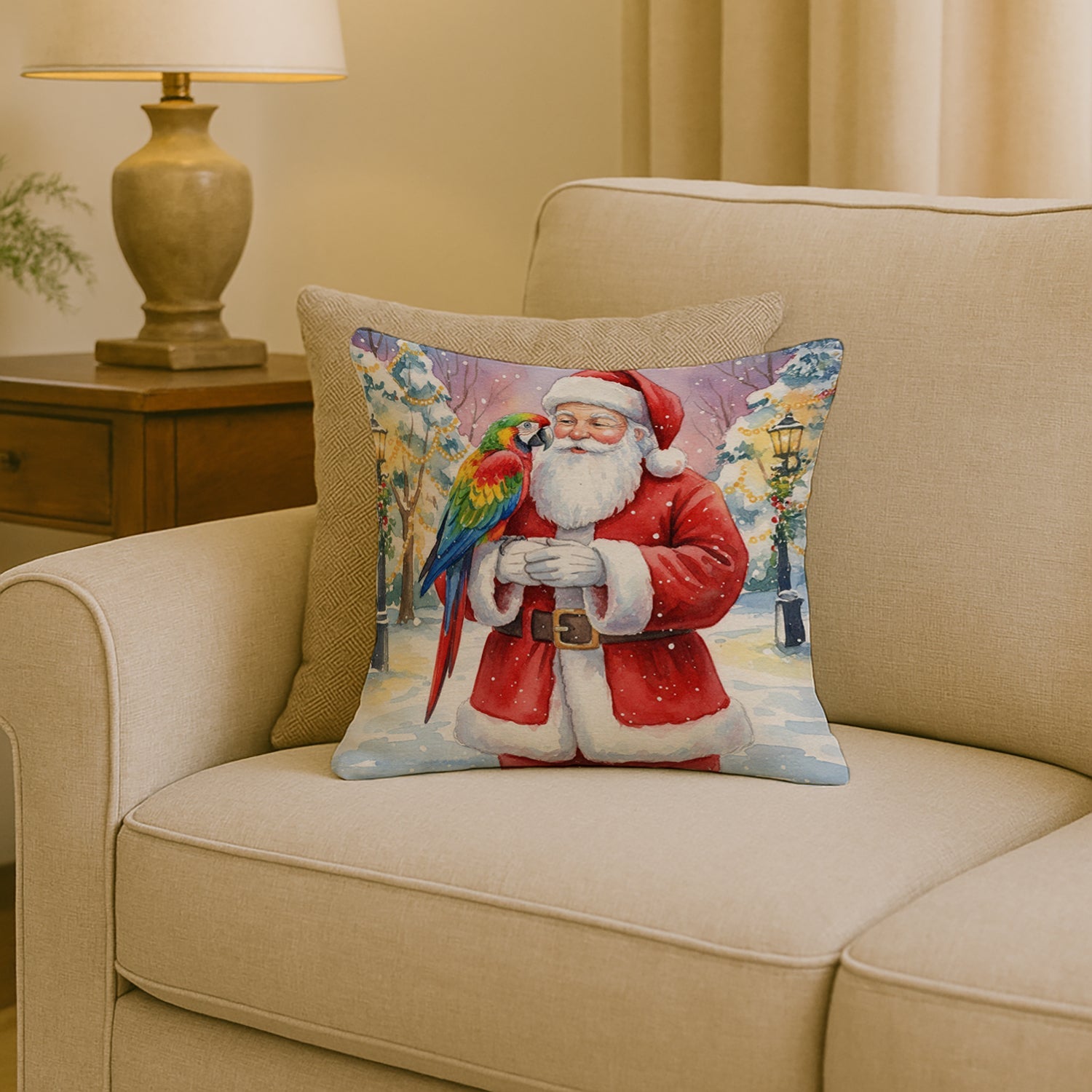 Parrot with Santa Claus Decorative Throw Pillow 18x18 Indoor Outdoor Accent Cushion, Fabric Cover with Insert for Sofa, Bed, Porch & Living Room