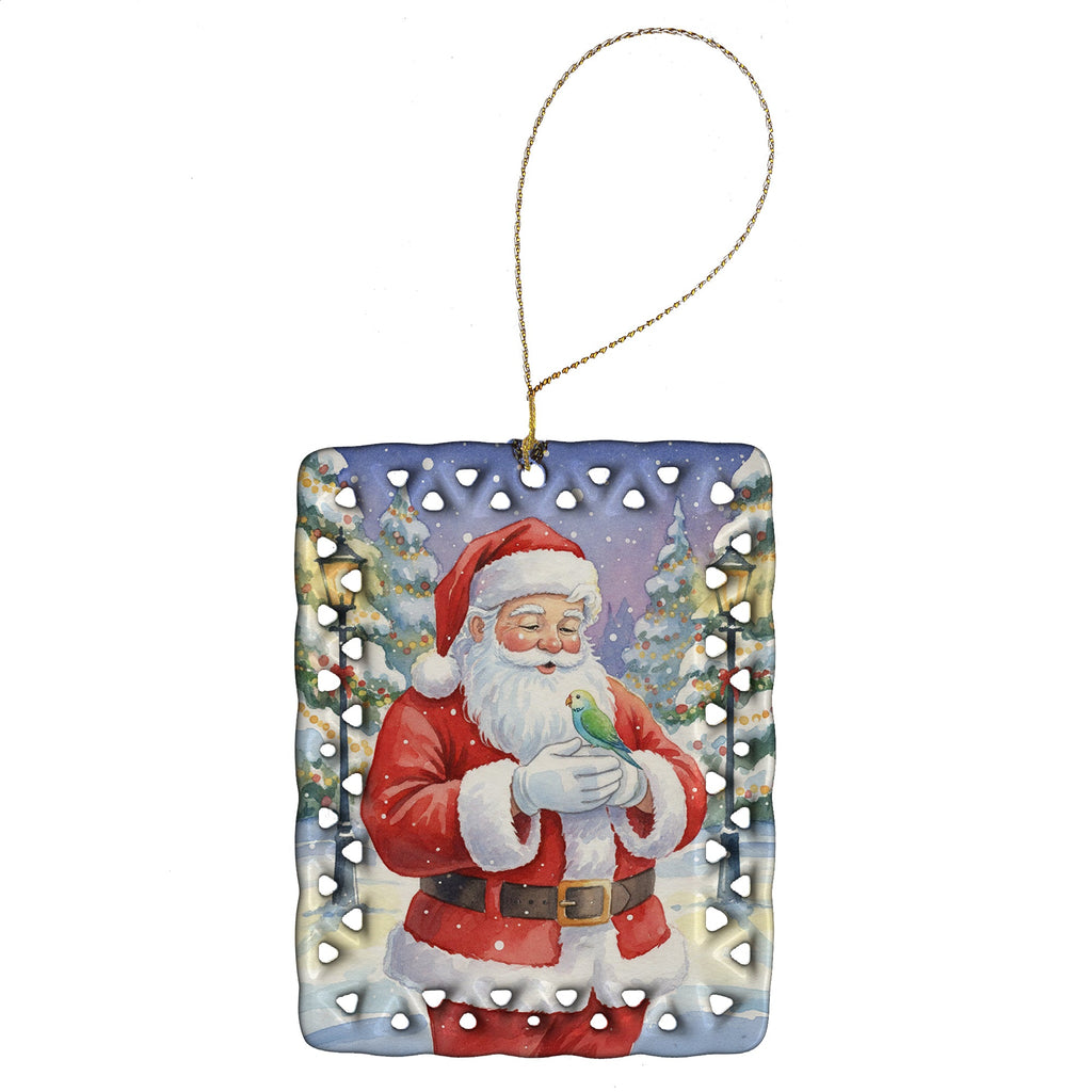 Parrotlet with Santa Claus Porcelain Ornament Christmas Tree Hanging Decorations for Home Christmas Holiday, Rectangle, Gift, Multicolor