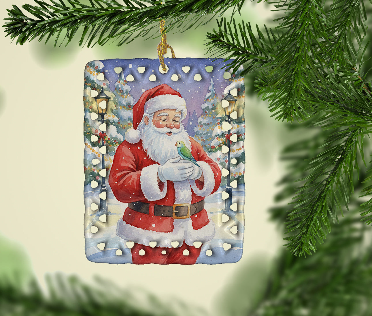 Parrotlet with Santa Claus Porcelain Ornament Christmas Tree Hanging Decorations for Home Christmas Holiday, Rectangle, Gift, Multicolor