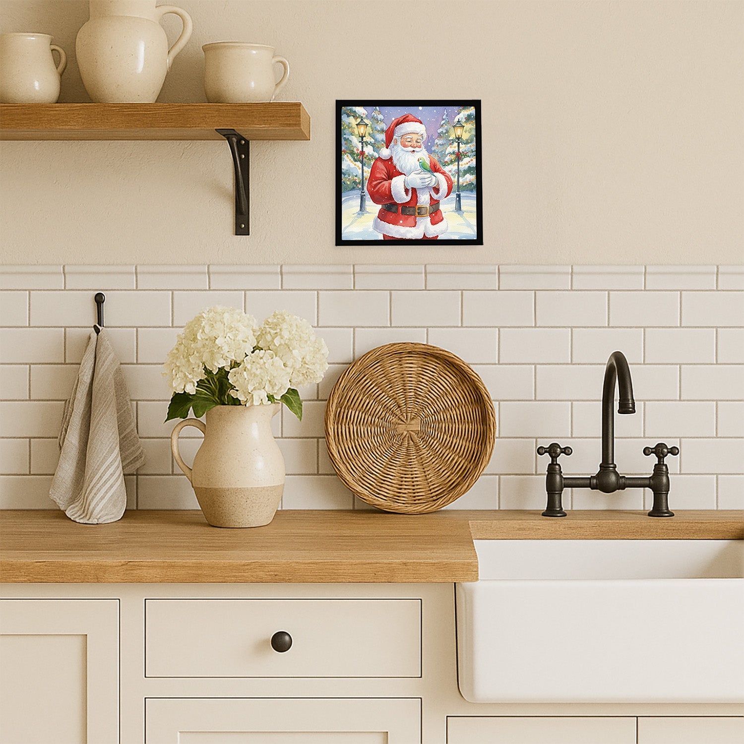 Parrotlet with Santa Claus Framed Metal Print Bathroom, Kitchen, Office, Home Decor Wall Art Ready to Hang, Square, 8X8